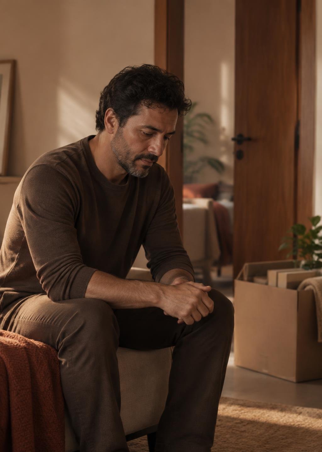 Homem adulto introspectivo vivendo uma fase de mudança e transição pessoal
