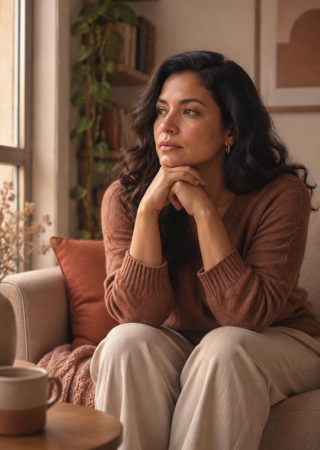 Mulher adulta sentada e introspectiva diante de pensamentos recorrentes